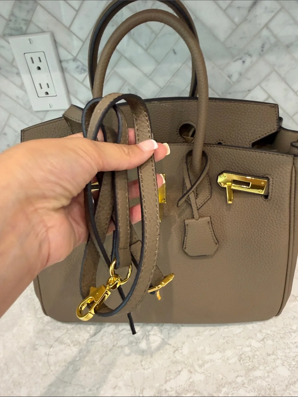 Vintage Taupe Satchel with Gold Hardware